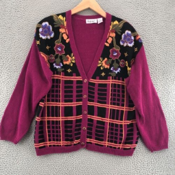 Vintage That's Me! Embroidery Flowers Sweater Cardigan L - Picture 4 of 16